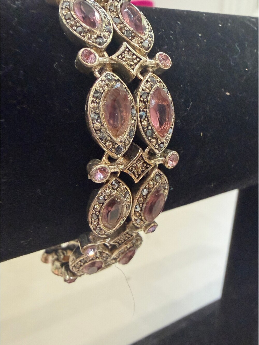 Vintage Monet Pink Rhinestone and Gold Tone Bracelet 7.5"